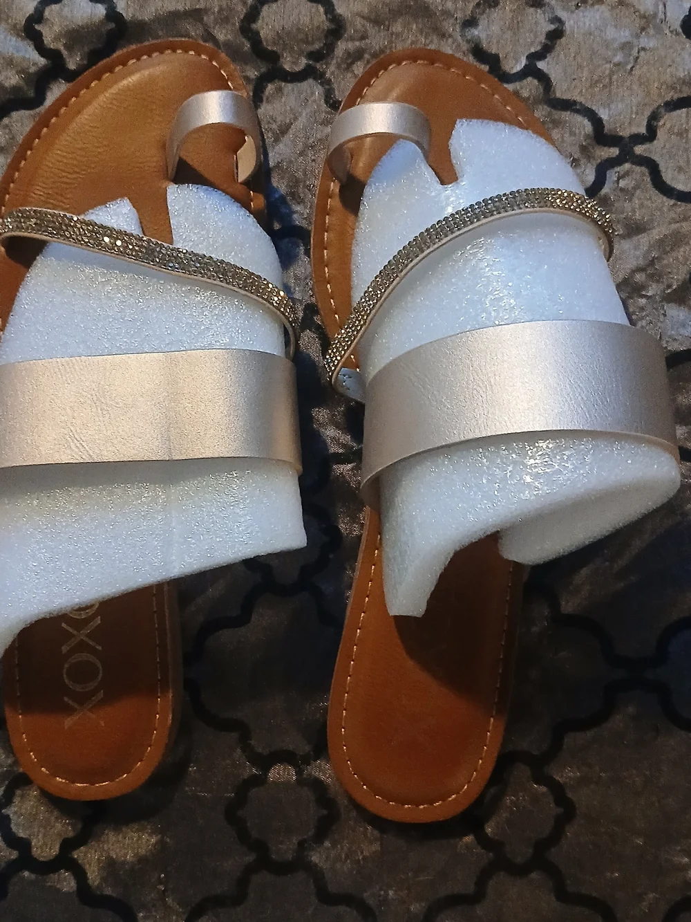 XOXO Silver Slide Sandals with Rhinestone Strap